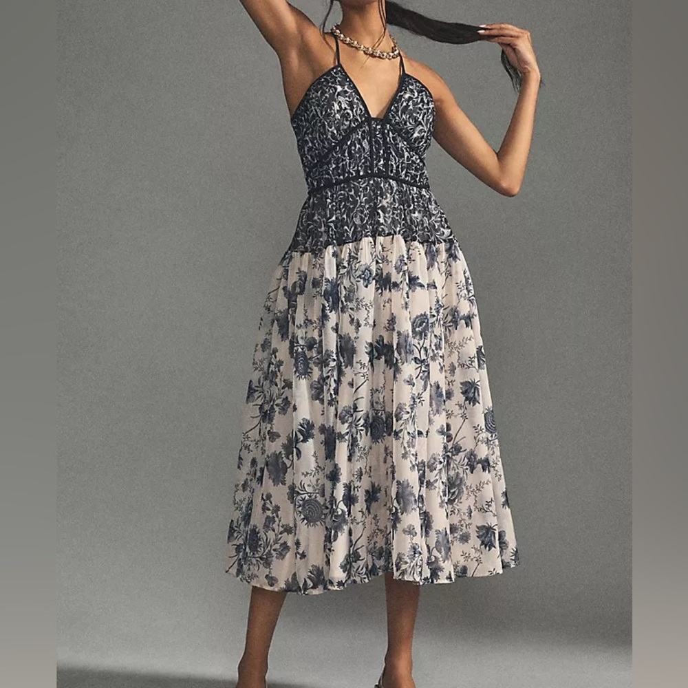 Anthropologie Halter Dress Black White V Neck Medium Midi NWT - Picture 5 of 16
